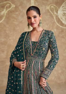 Dark green real gerogette sequin embroidered anarkali salwar suit (Free Size) 3
