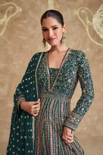 Dark green real gerogette sequin embroidered anarkali salwar suit (Free Size)