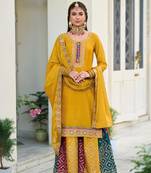 Yellow blooming faux gerogette silk sequin embroidered semi stitched salwar suit