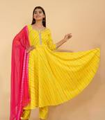 Yellow Cotton Striped Printed Designer Flared Anarkali Kurti Set