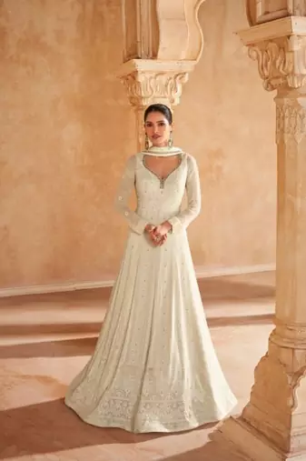 White gerogette silk chikankari sequin anarkali readymade salwar suit (free size)