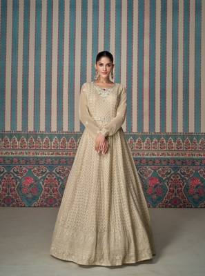 Cream real gerogette silk chikankari sequin readymade salwar suit (free size) 1