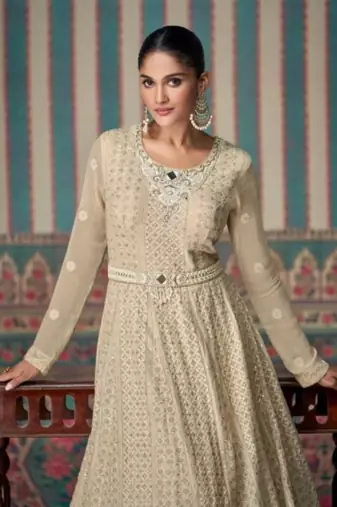 Cream real gerogette silk chikankari sequin readymade salwar suit (free size)