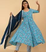 Blue Cotton Printed Flared Anarkali Dress Set