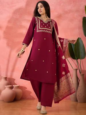 Embroidered notch neck sequined a-line kurta with trouser & dupatta 1