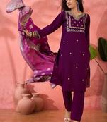 Embroidered notch neck sequined a-line kurta with trouser & dupatta