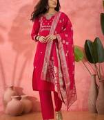 Embroidered notch neck sequined a-line kurta with trouser & dupatta