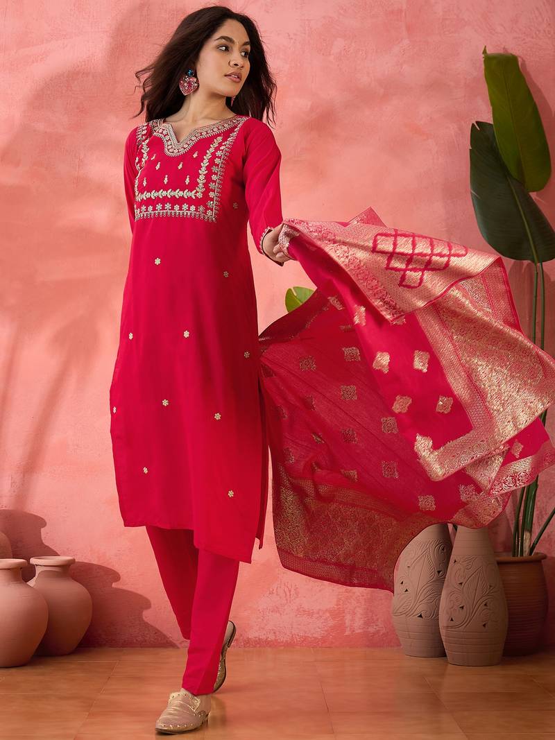 Embroidered notch neck sequined a-line kurta with trouser & dupatta