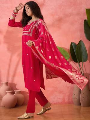 Embroidered notch neck sequined a-line kurta with trouser & dupatta 3