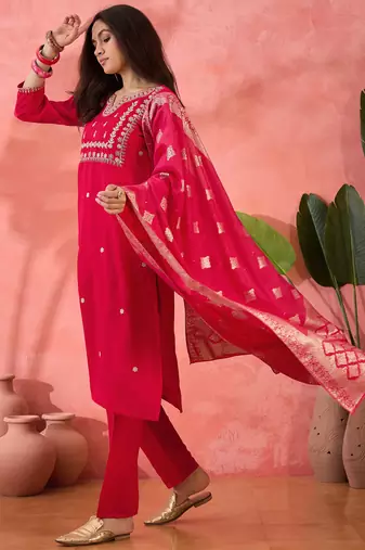 Embroidered notch neck sequined a-line kurta with trouser & dupatta