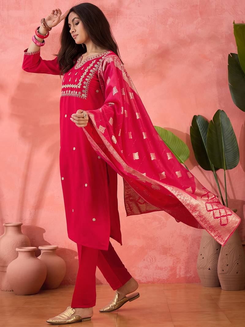 Embroidered notch neck sequined a-line kurta with trouser & dupatta