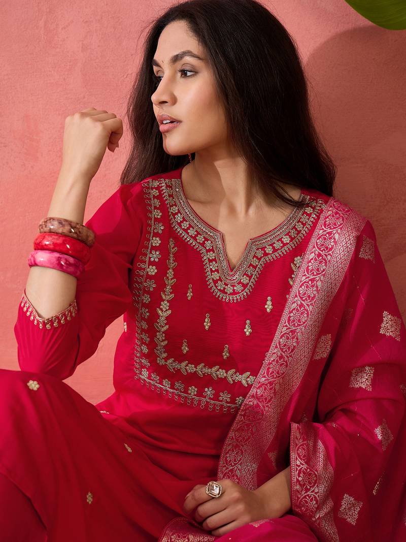 Embroidered notch neck sequined a-line kurta with trouser & dupatta