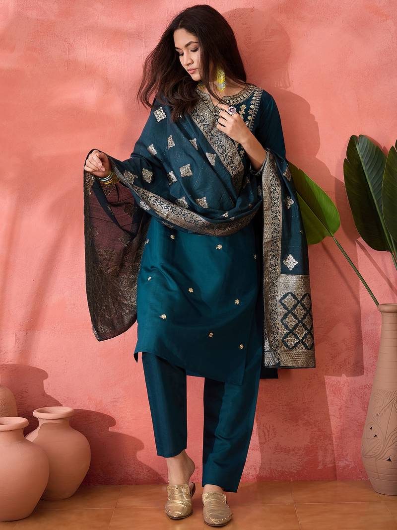 Embroidered notch neck sequined a-line kurta with trouser & dupatta