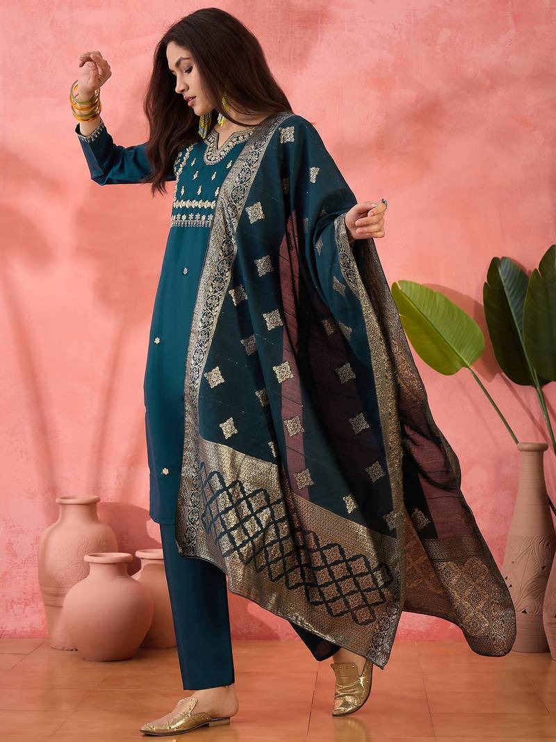 Embroidered notch neck sequined a-line kurta with trouser & dupatta