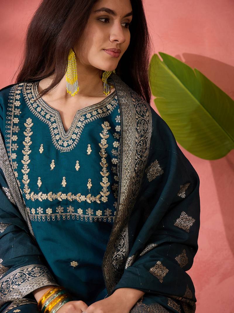 Embroidered notch neck sequined a-line kurta with trouser & dupatta