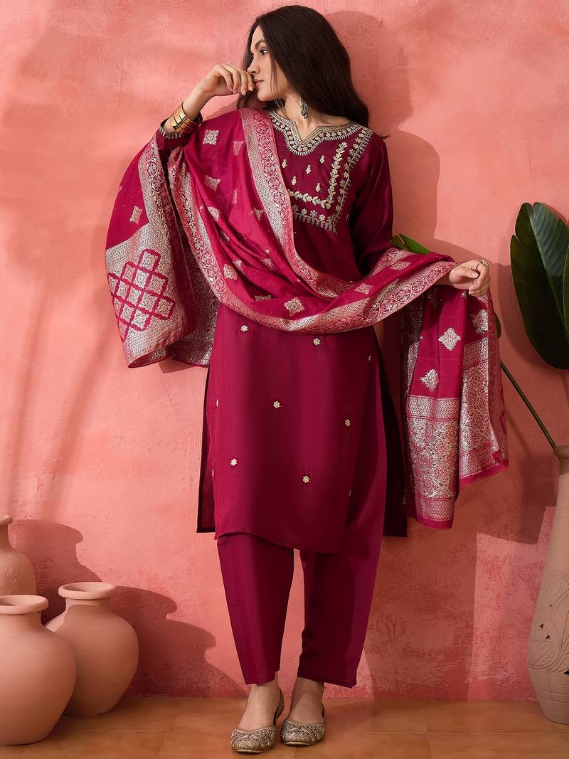 Embroidered notch neck sequined a-line kurta with trouser & dupatta