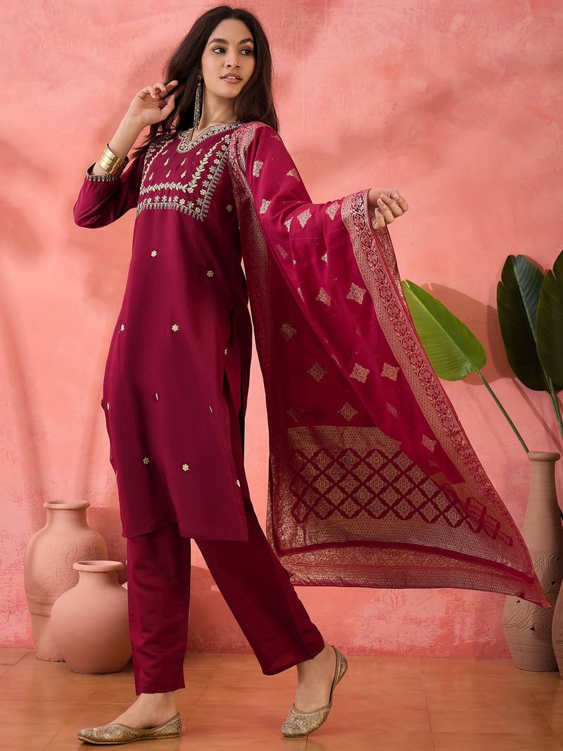 Embroidered notch neck sequined a-line kurta with trouser & dupatta