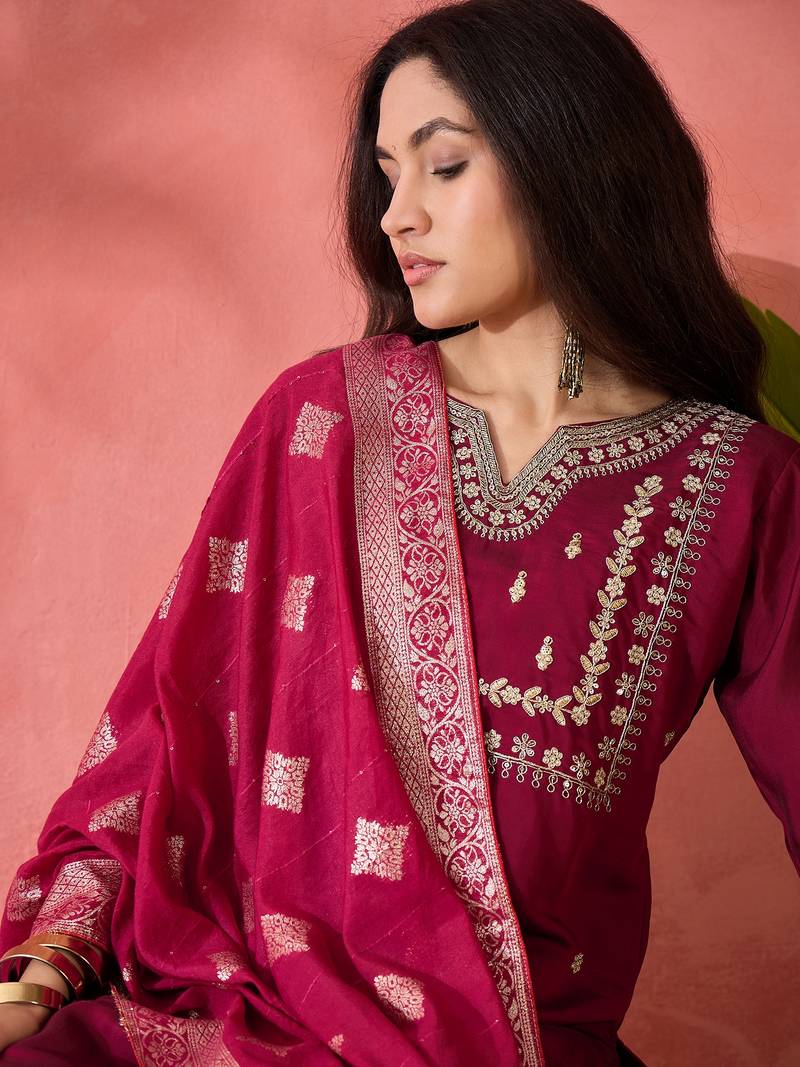 Embroidered notch neck sequined a-line kurta with trouser & dupatta
