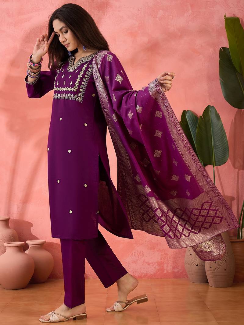 Embroidered notch neck sequined a-line kurta with trouser & dupatta