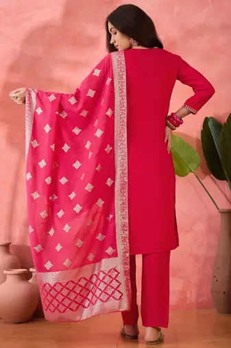 Embroidered notch neck sequined a-line kurta with trouser & dupatta