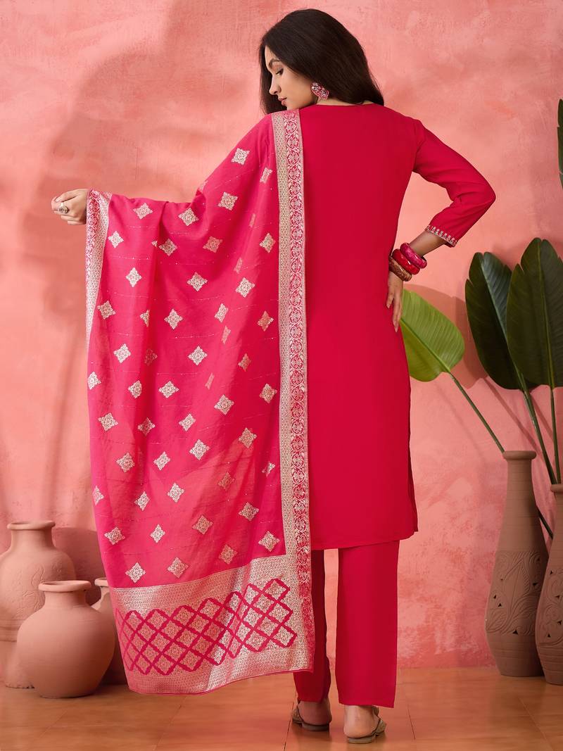 Embroidered notch neck sequined a-line kurta with trouser & dupatta