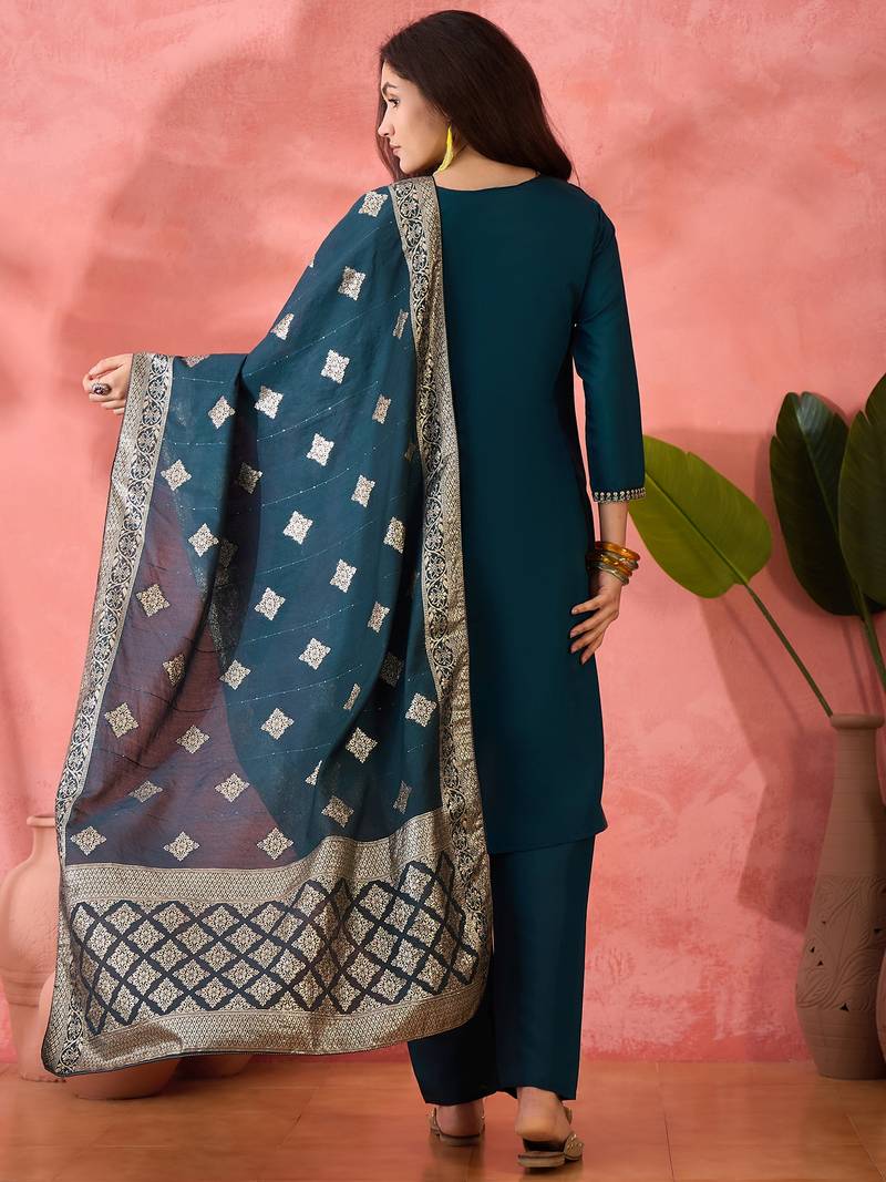 Embroidered notch neck sequined a-line kurta with trouser & dupatta