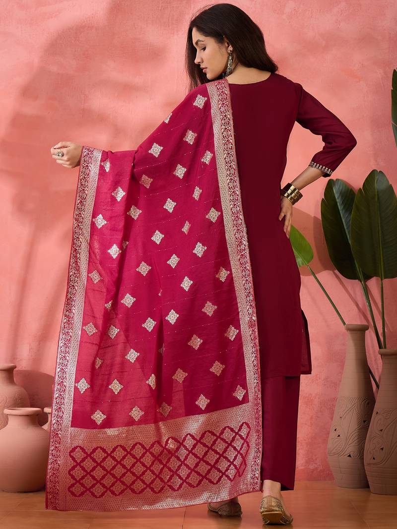 Embroidered notch neck sequined a-line kurta with trouser & dupatta