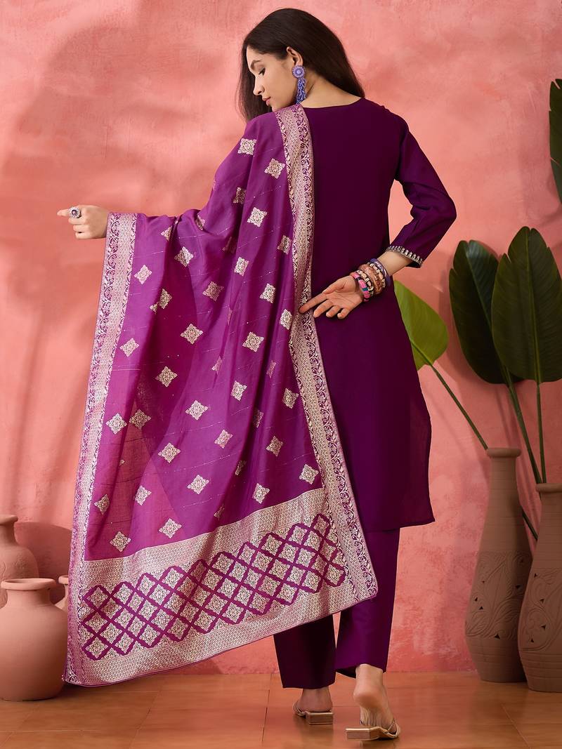 Embroidered notch neck sequined a-line kurta with trouser & dupatta