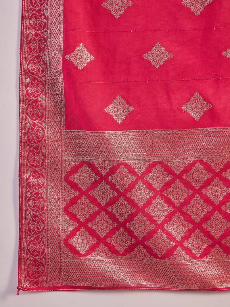 Embroidered notch neck sequined a-line kurta with trouser & dupatta