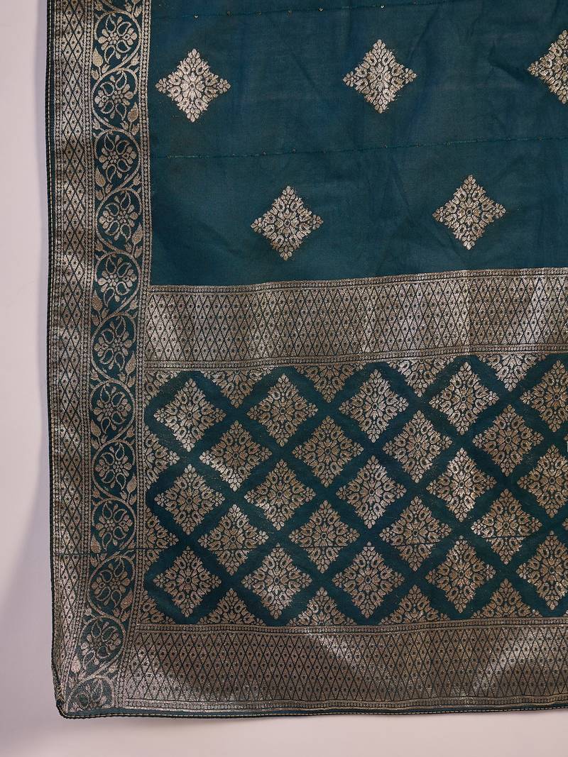 Embroidered notch neck sequined a-line kurta with trouser & dupatta