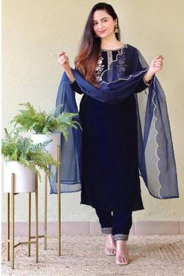 Blue velvet kurti with pant and dupatta for women 1