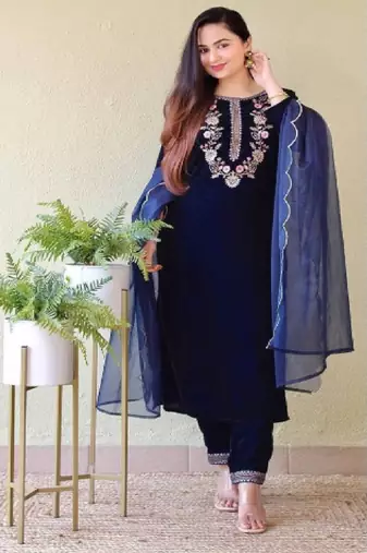 Blue velvet kurti with pant and dupatta for women