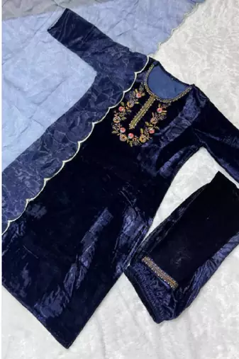 Blue velvet kurti with pant and dupatta for women