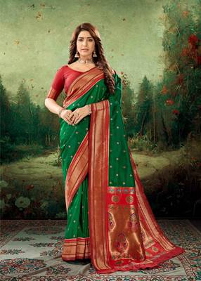 Kimisha women's dark green silk paithani saree with unstitched blouse piece 1