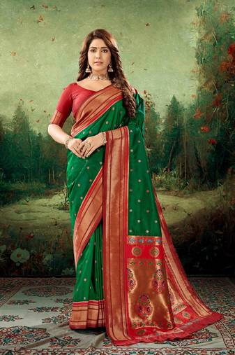 Kimisha women's dark green silk paithani saree with unstitched blouse piece