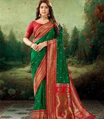 Kimisha women's dark green silk paithani saree with unstitched blouse piece