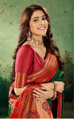 Kimisha women's dark green silk paithani saree with unstitched blouse piece 2