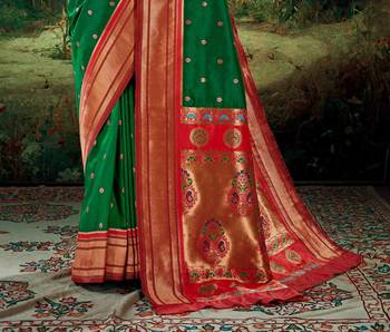 Kimisha women's dark green silk paithani saree with unstitched blouse piece 3