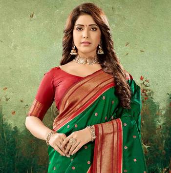 Kimisha women's dark green silk paithani saree with unstitched blouse piece 4