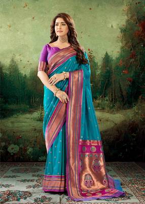 Kimisha women's teal silk blend paithani saree with unstitched blouse piece 1