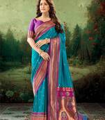 Kimisha women's teal silk paithani saree with unstitched blouse piece