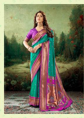 Kimisha women's rama green silk paithani saree with unstitched blouse piece 1
