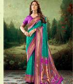 Kimisha women's rama green silk paithani saree with unstitched blouse piece