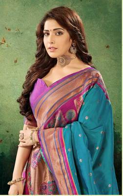Kimisha women's teal silk blend paithani saree with unstitched blouse piece 2