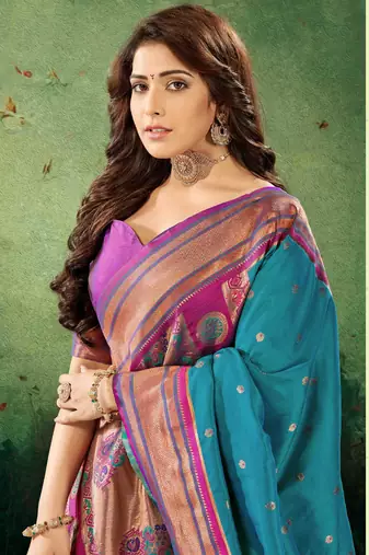 Kimisha women's teal silk paithani saree with unstitched blouse piece