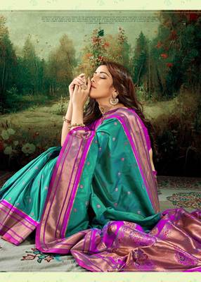 Kimisha women's rama green silk paithani saree with unstitched blouse piece 2