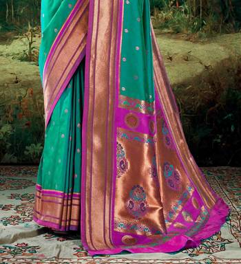 Kimisha women's rama green silk paithani saree with unstitched blouse piece 3