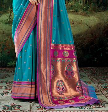 Kimisha women's teal silk blend paithani saree with unstitched blouse piece 3