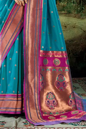 Kimisha women's teal silk paithani saree with unstitched blouse piece