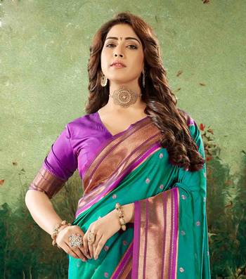 Kimisha women's rama green silk paithani saree with unstitched blouse piece 4